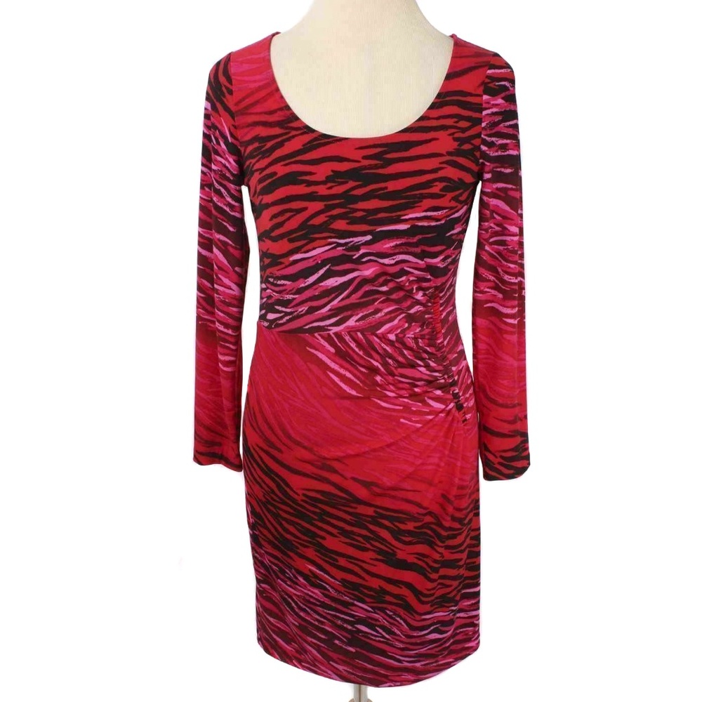 ANNE KLEIN Red & Black Pattern Ruched Sheath Jersey Dress